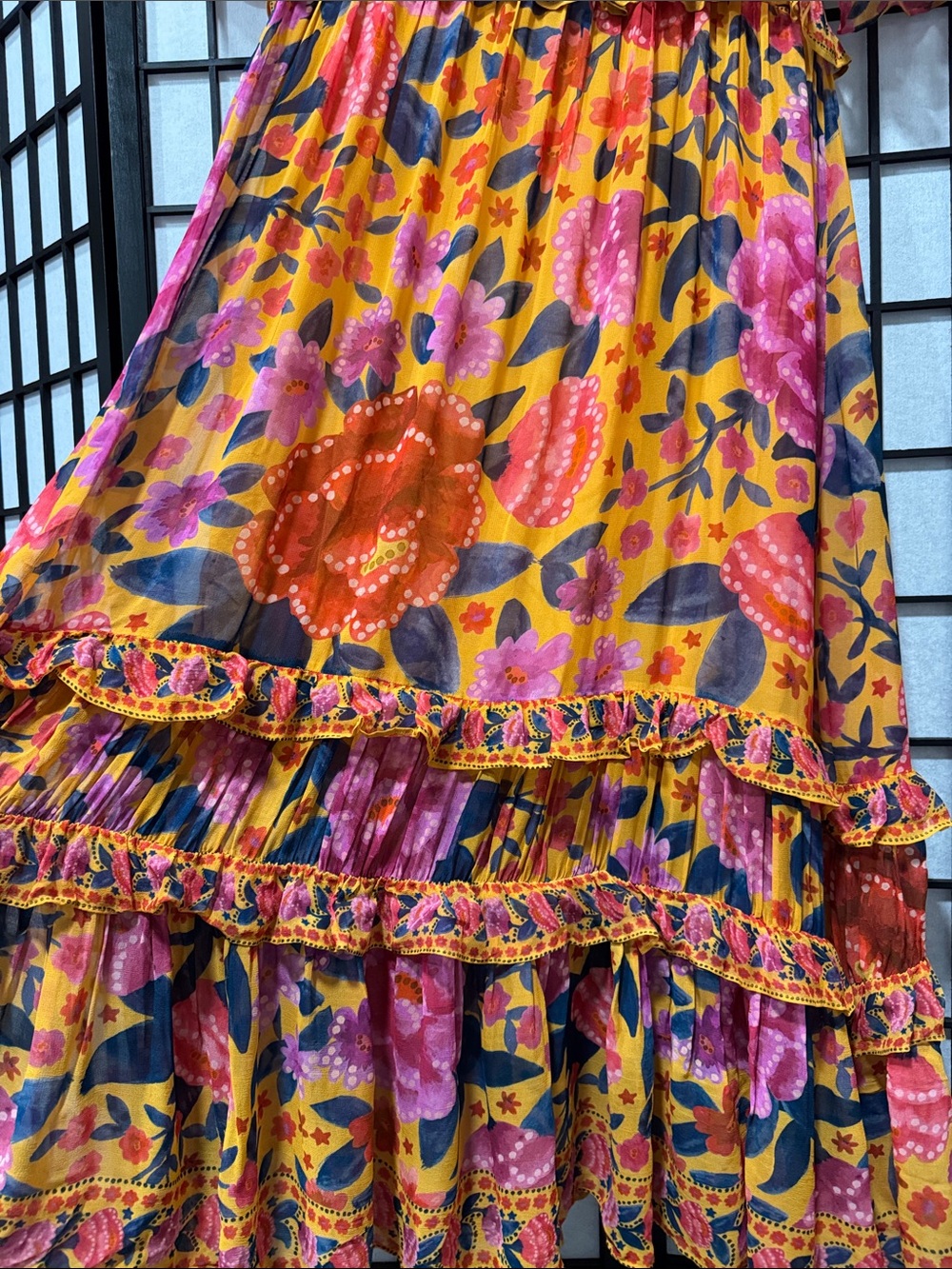 FARM Rio Ruffled Floral Print Georgette Maxi Dress Marigold XL NWOT - Picture 12 of 16